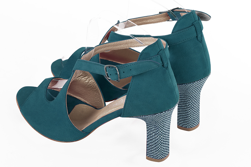 Peacock blue women's closed back sandals, with crossed straps. Round toe. High kitten heels. Rear view - Florence KOOIJMAN